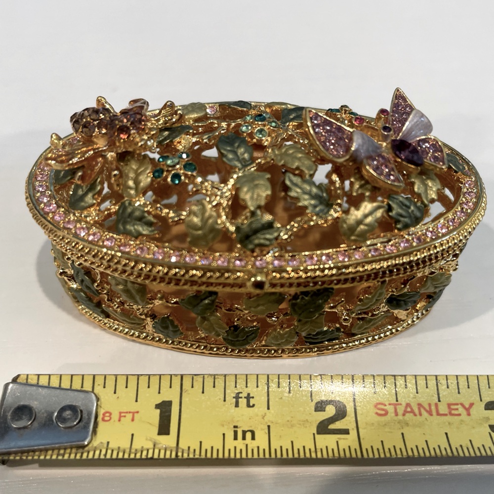 Oval Rhinestone Floral Butterfly Trinket Box new